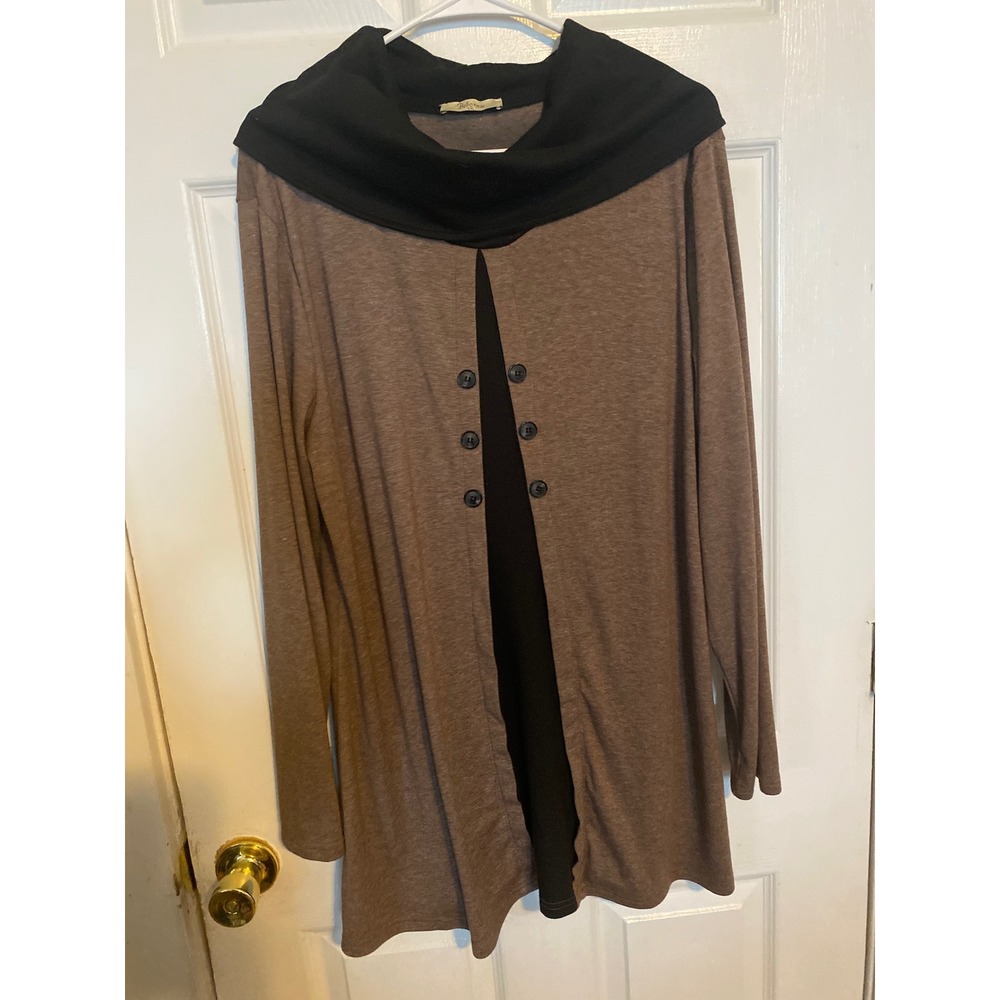 Bebonnie Womens XXL Brown Black Cowl Neck Layered Look Tunic Long Sleeve Top
